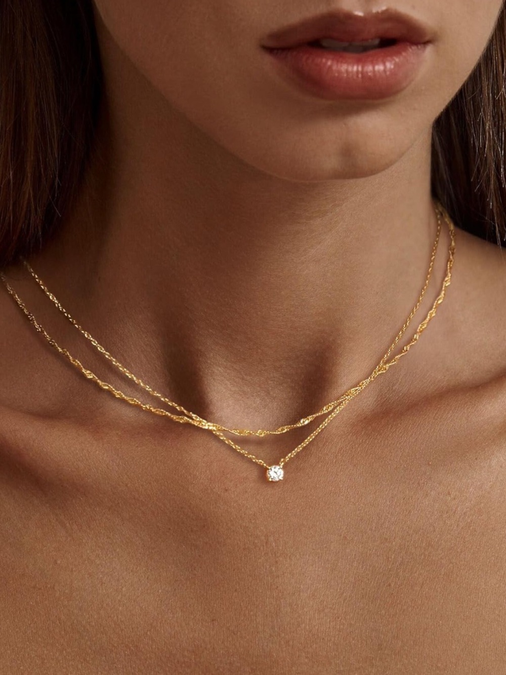 14K Gold Plated Layered Necklace with CZ Pendant